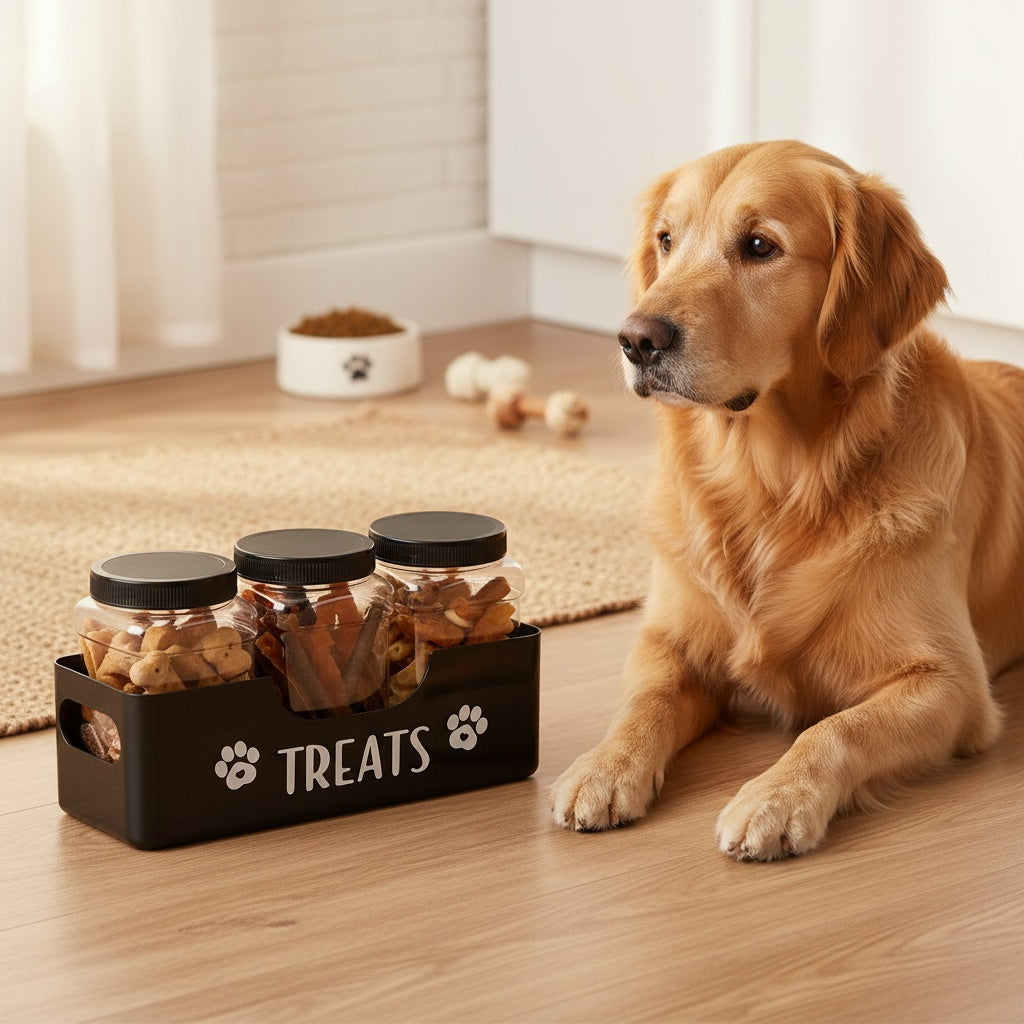 Pet Treat Storage Jars 3-Piece Set, Black Airtight Plastic Containers with Farmhouse Style for Dog and Cat Snacks and Feeding Area Organization