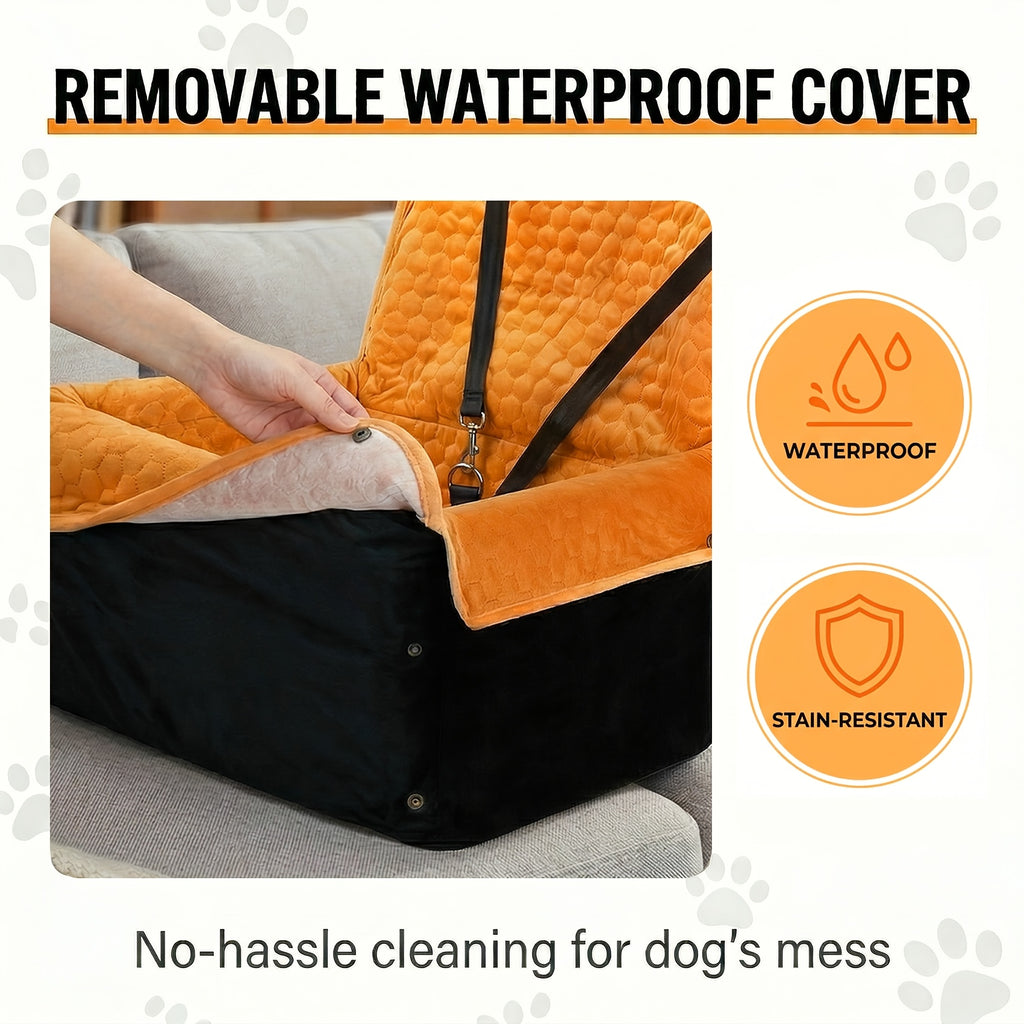 Memory Foam Dog Car Seat for Pets up to 35 lbs, Non-Slip Booster Travel Bed with Removable Waterproof Cover, Adjustable Straps and Storage Pocket