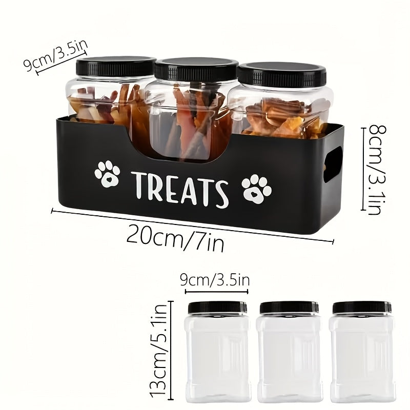 Pet Treat Storage Jars 3-Piece Set, Black Airtight Plastic Containers with Farmhouse Style for Dog and Cat Snacks and Feeding Area Organization