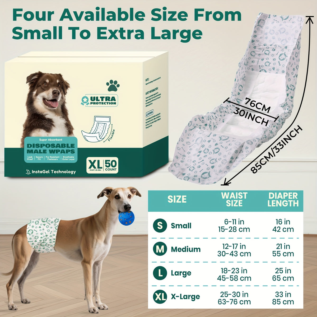 Disposable Male Dog Wraps with 5-Layer Absorbent Protection, Soft Breathable Dog Diapers in A001 or A004 Options for Supervised Indoor Accident Care