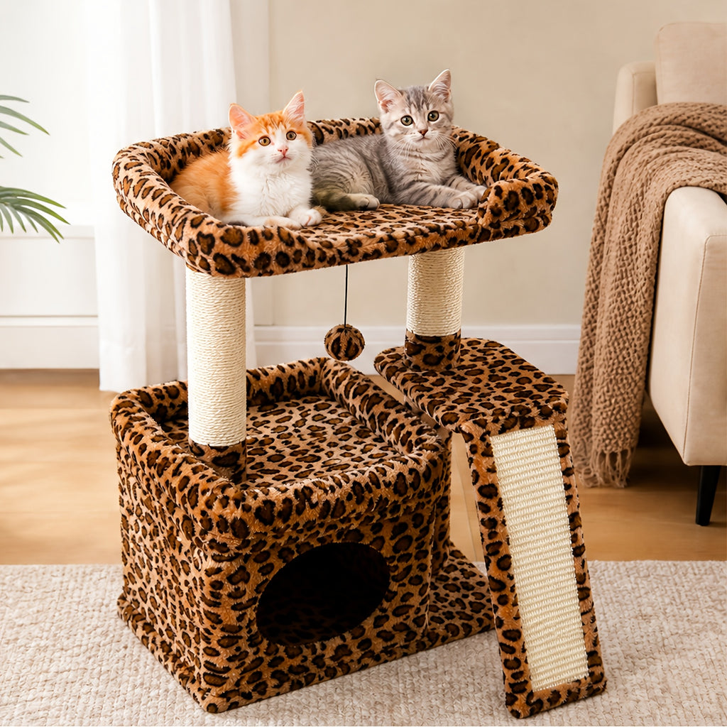 Cat Tree with Wide Perch and Condo, Modern Wood Cat Tower with Sisal Scratching Posts and Pad for Large Adult Indoor Cats and Compact Living Spaces