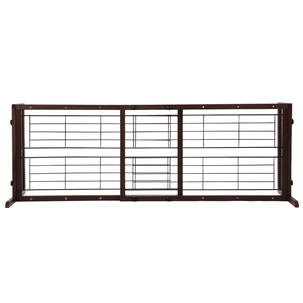 Wood Dog Gate with Sliding Width Adjustment, 38–71 Inch Freestanding Pinewood Pet Barrier with Wide Support Base for Indoor Doorways and Hallways