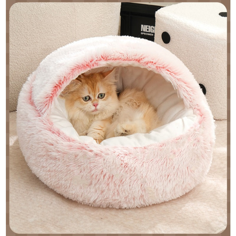 Plush Cat Cave Bed with Shell-Shaped Semi-Enclosed Design, 15.75 Inch Long Plush Pet Nest for Cozy Indoor Rest in Three Color Options