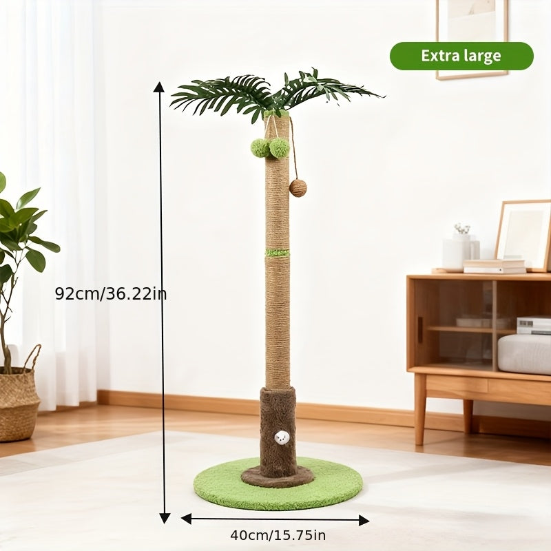 Palm Tree Cat Scratching Post, 36.3-Inch Sisal Scratcher with Two Hanging Balls and Plush Base for Indoor Cat Play and Apartment Living