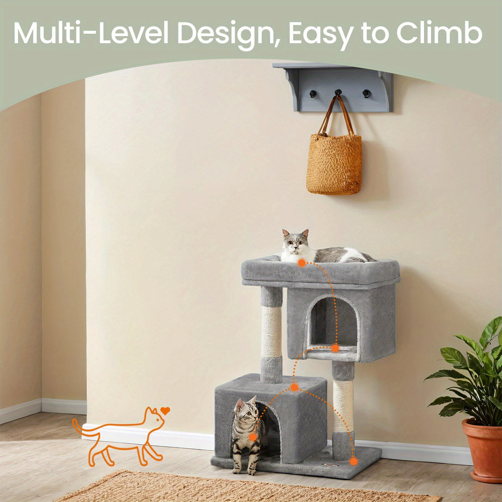Cat Tower with Two Caves, 33.1 Inch Indoor Cat Condo with Large Perch and Scratching Post for Cats up to 16 lb, Three Neutral Color Options