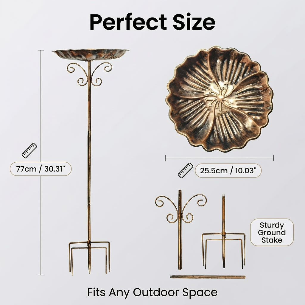 Garden Bird Bath with Ground Stake, 30.31-Inch Retro Metal Birdbath with Scalloped 10-Inch Basin, Copper or Bronze Color for Outdoor Yards