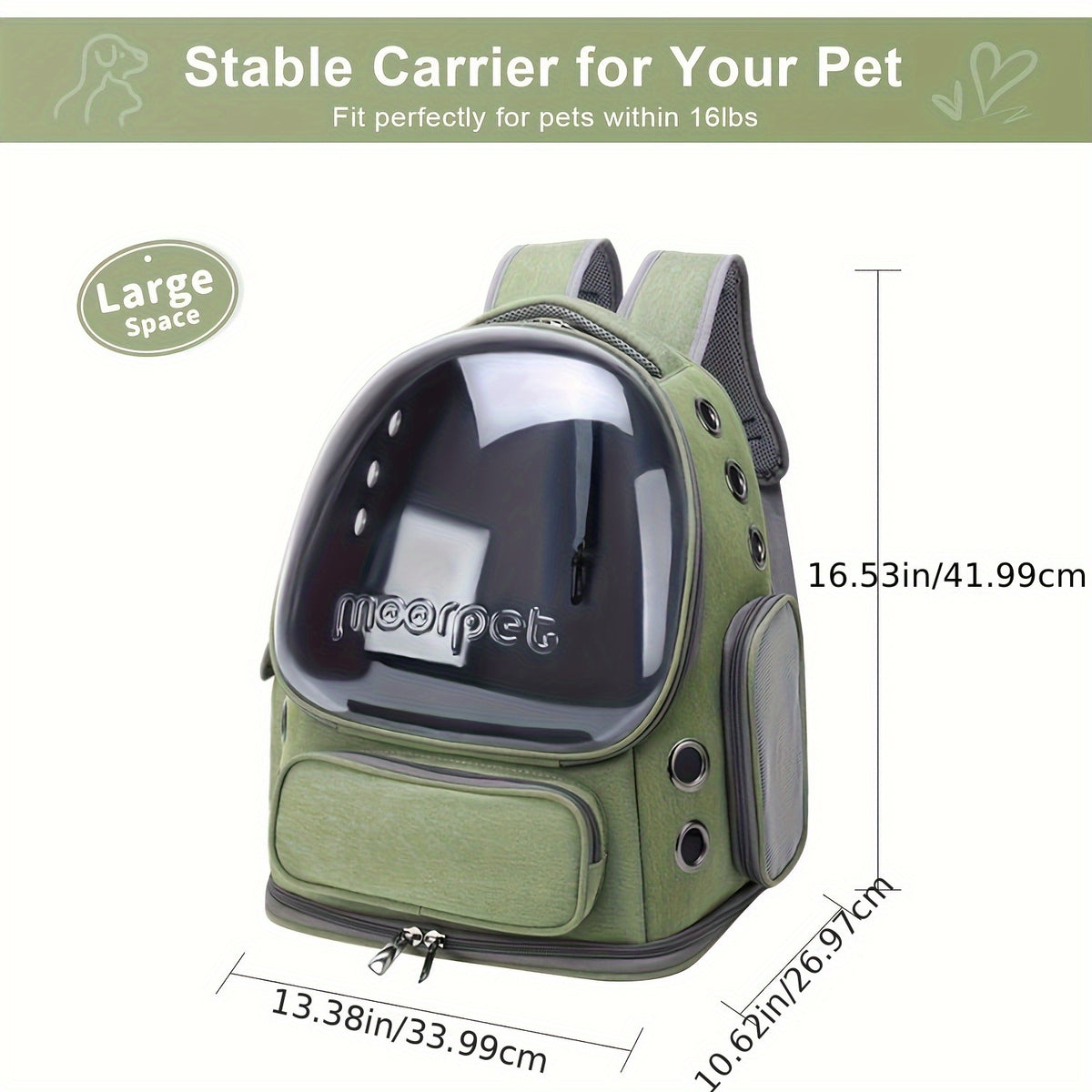 Oxford Cat Backpack Carrier with Pet Collar, Breathable Travel Bag for Small to Medium Cats and Dogs, Safety Zippers and Durable Straps, Green Gray or Khaki