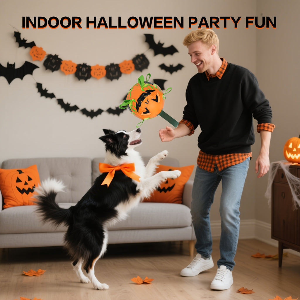 Halloween Pumpkin Dog Ball with Grab Tabs, Orange Jack-O-Lantern Fetch Toy with Carry Strap for Interactive Outdoor Play and Seasonal Pet Gifts