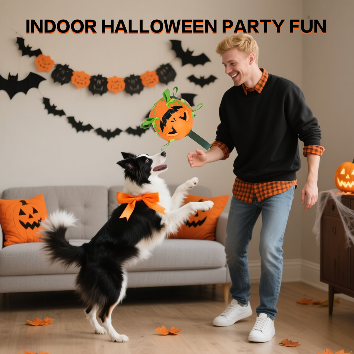 Halloween Pumpkin Dog Ball with Grab Tabs, Orange Jack-O-Lantern Fetch Toy with Carry Strap for Interactive Outdoor Play and Seasonal Pet Gifts