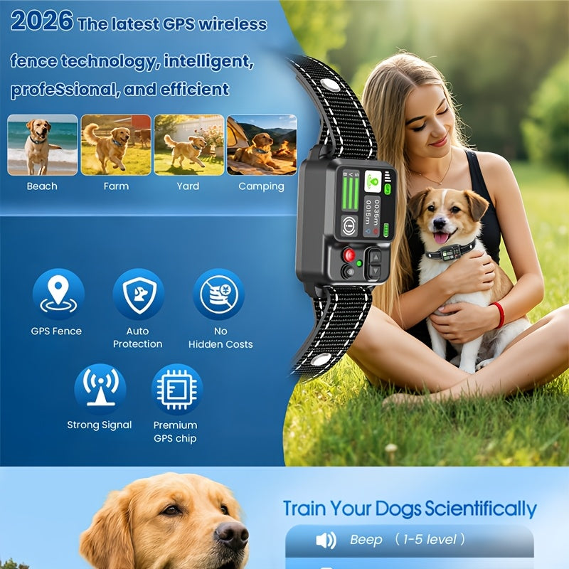 Adjustable GPS Wireless Dog Fence with 49–6561 ft Listed Range, Rechargeable Boundary Training Collar with Beep, Vibration and Static Modes for Outdoor Yards