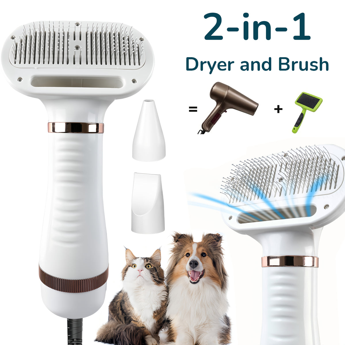 Dog Hair Dryer Brush 2-in-1 with One-Button Hair Removal, Corded Pet Grooming Slicker with 3 Heat Settings for Dogs and Cats, Gold Trim