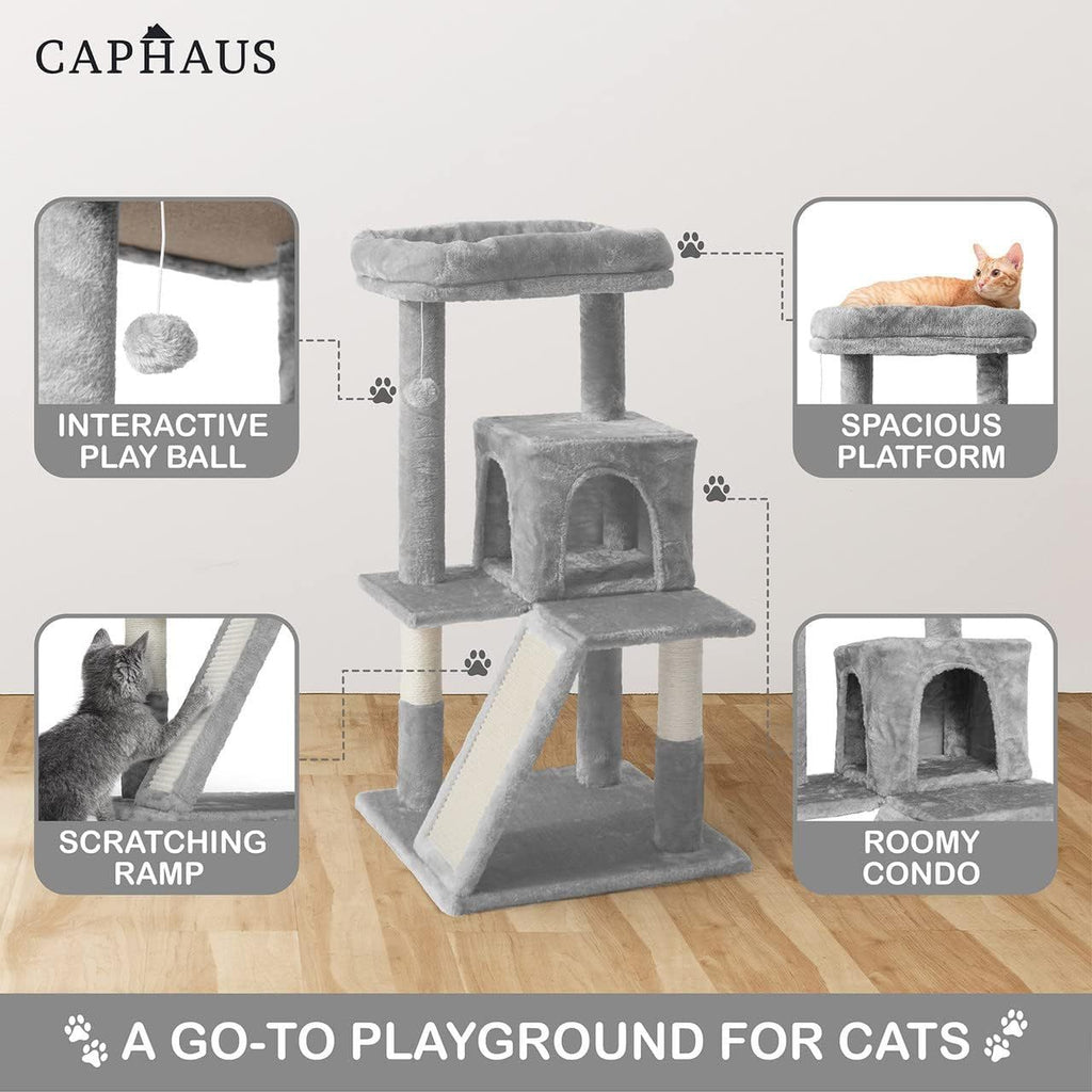 Cat Tree with Scratching Ramp, 37 Inch Indoor Cat Tower with Widened Padded Perch, Sisal Posts, Hammock and Cozy Condo for Cats and Kittens
