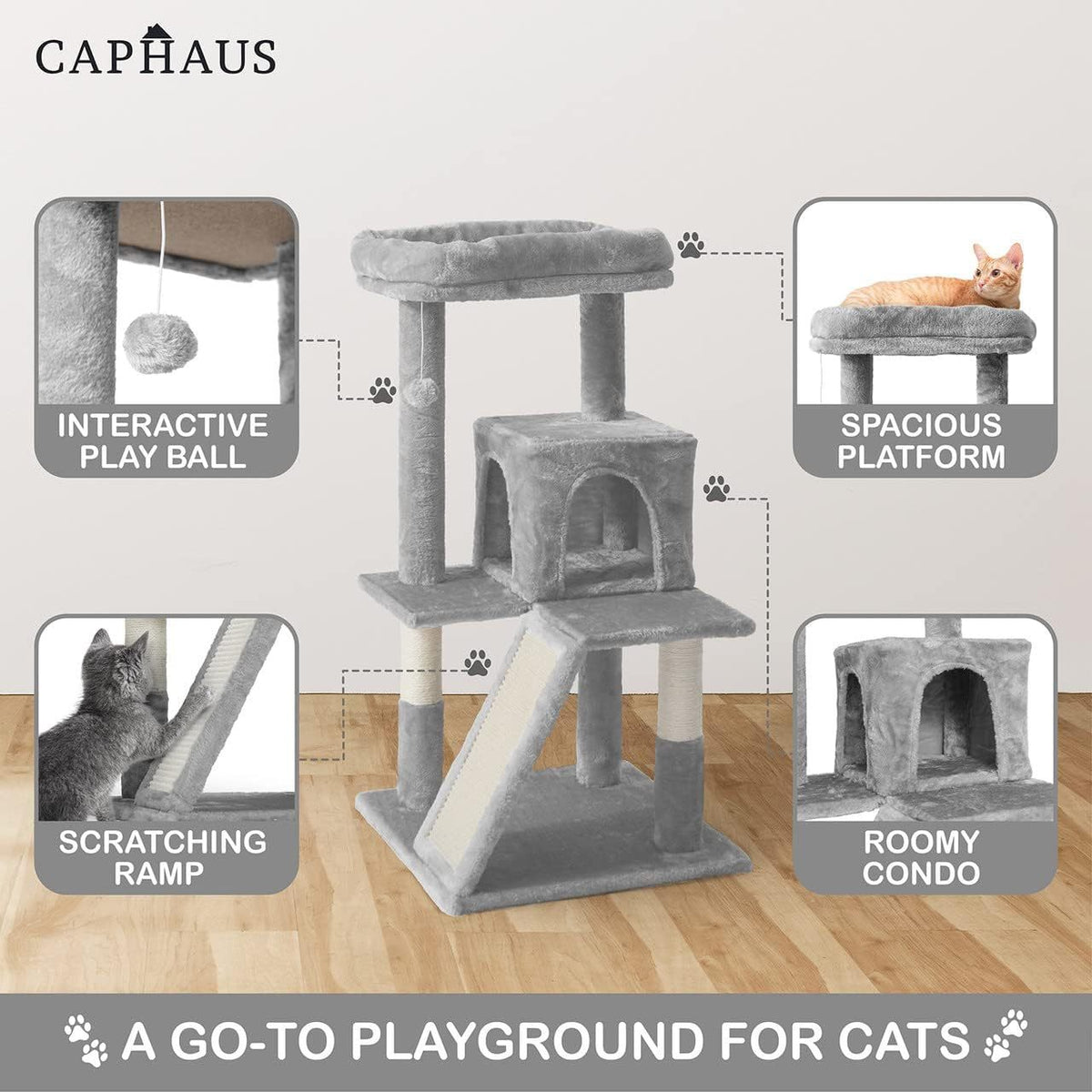 Cat Tree with Scratching Ramp, 37 Inch Indoor Cat Tower with Widened Padded Perch, Sisal Posts, Hammock and Cozy Condo for Cats and Kittens