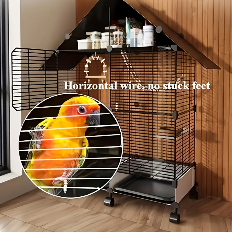 Rolling Bird Cage with Roof and Hanging Toys, Large Bird Habitat with Stand for Parrots, Lovebirds and Pigeons in Black or White