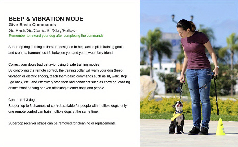 Dog Training Collar Set for 2 or 3 Dogs, Black USB Rechargeable Remote with LED Light, Beep, Vibration and Static Modes for Supervised Sessions