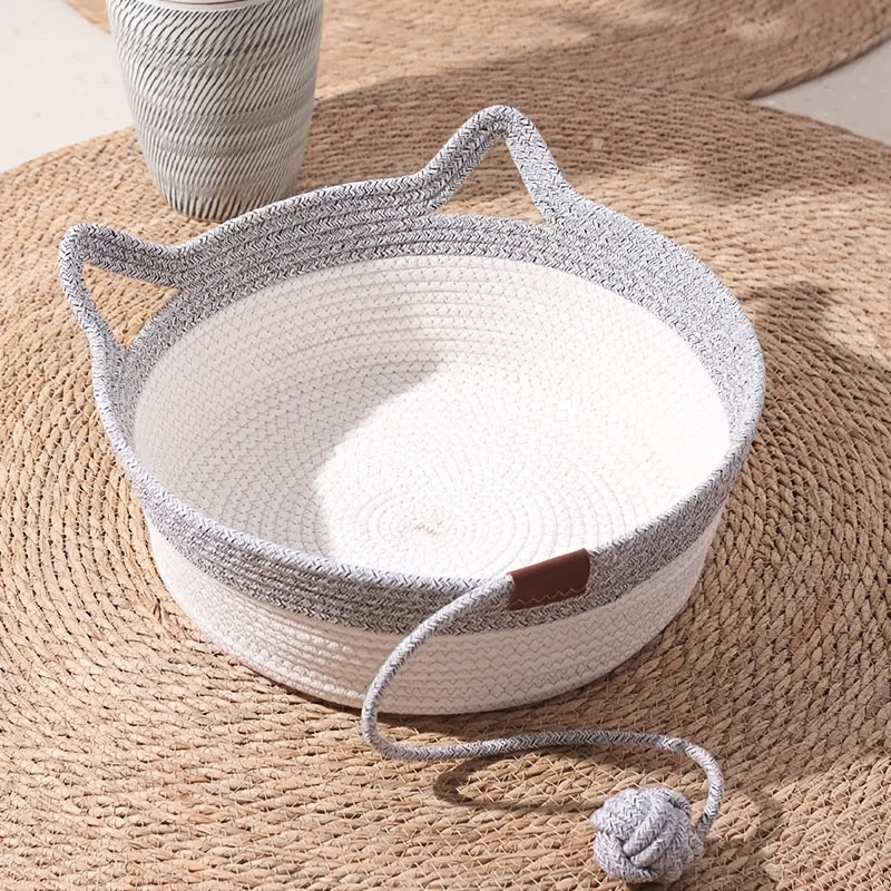 Woven Cat Bed and Scratcher Basket with Cat Ear Rim and Rope Ball Toy, Medium Indoor Lounger for Resting, Scratching and Play