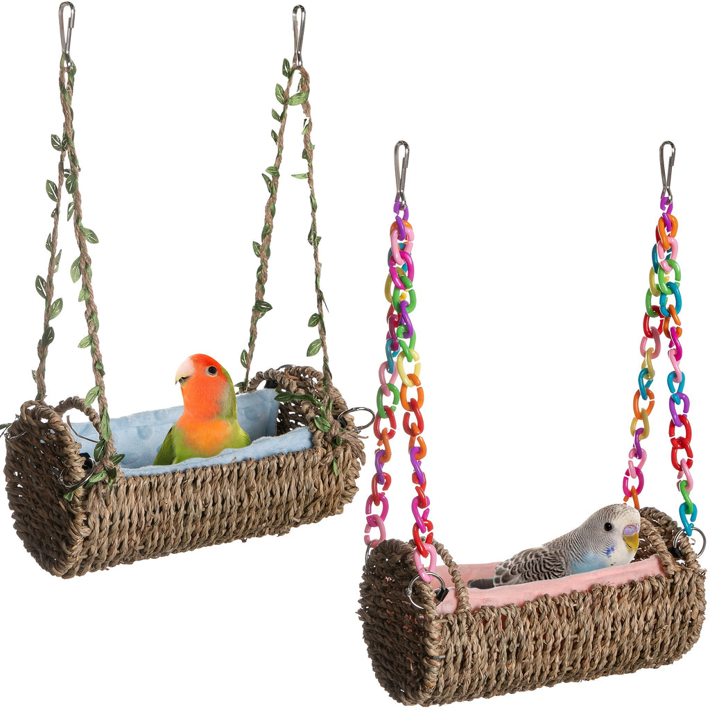 Parrot Nest Swing with Mat, Rattan Hanging Bird Toy with Colorful Random-Color Chain for Cage Enrichment and Supervised Pet Bird Play