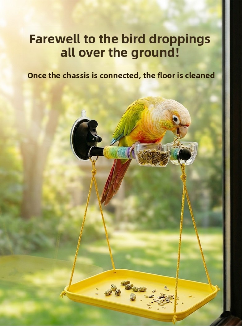 Bird Window Perch with Suction Cup, Parrot Stand with Waste Tray and Anti-Fly Chain, 3-Piece Set for Budgies, Parakeets and Cockatiels