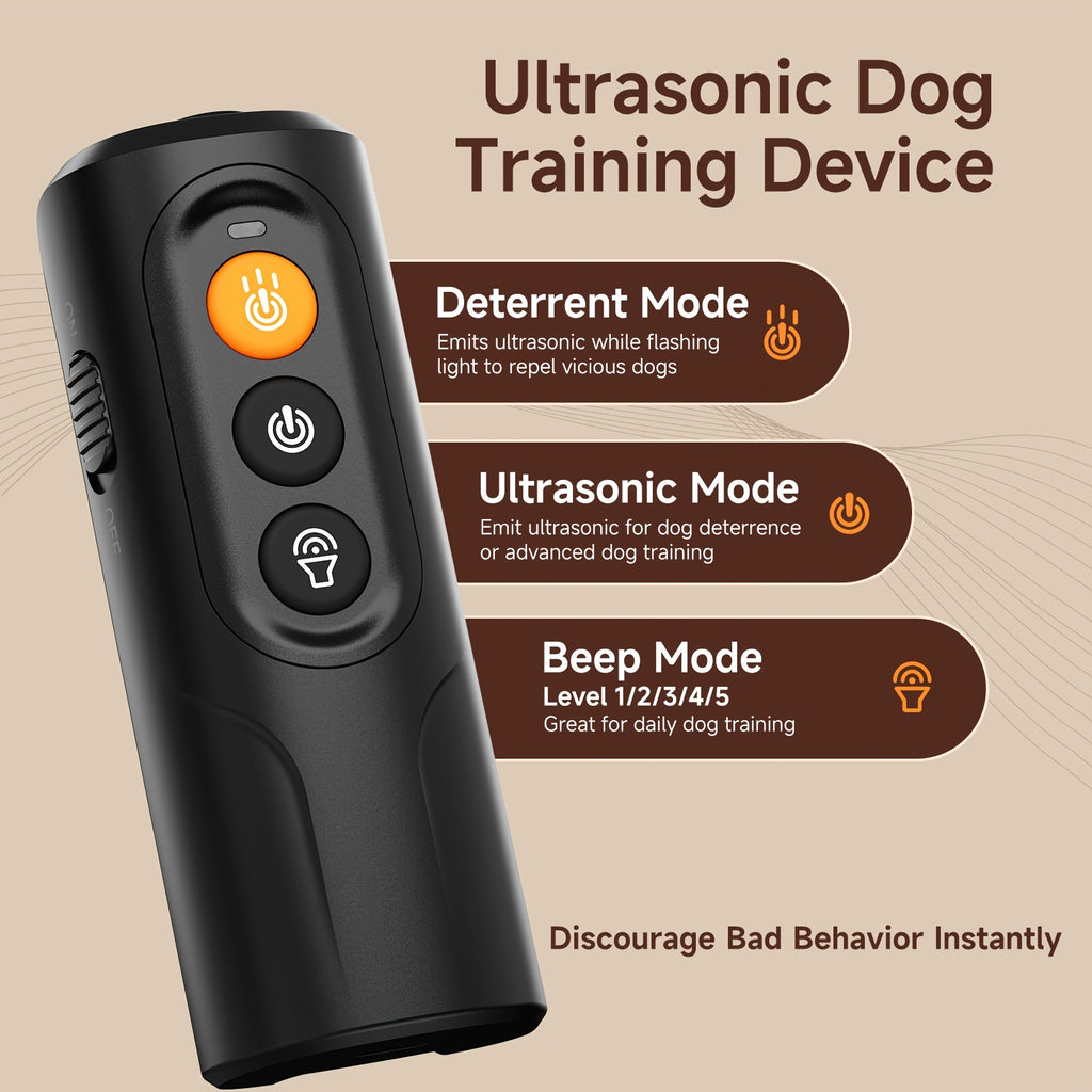 Ultrasonic Dog Deterrent with USB-C Charging, Compact Handheld Bark Training Device with LED Lights and Sound Mode for Supervised Home and Walk Use