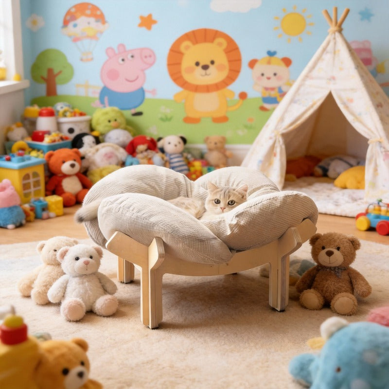 Raised Wooden Cat Bed with Sky Blue Cushion, Solid Wood High-Leg Pet Sofa for Cats and Small Dogs, Includes Assembly Hardware and Tools