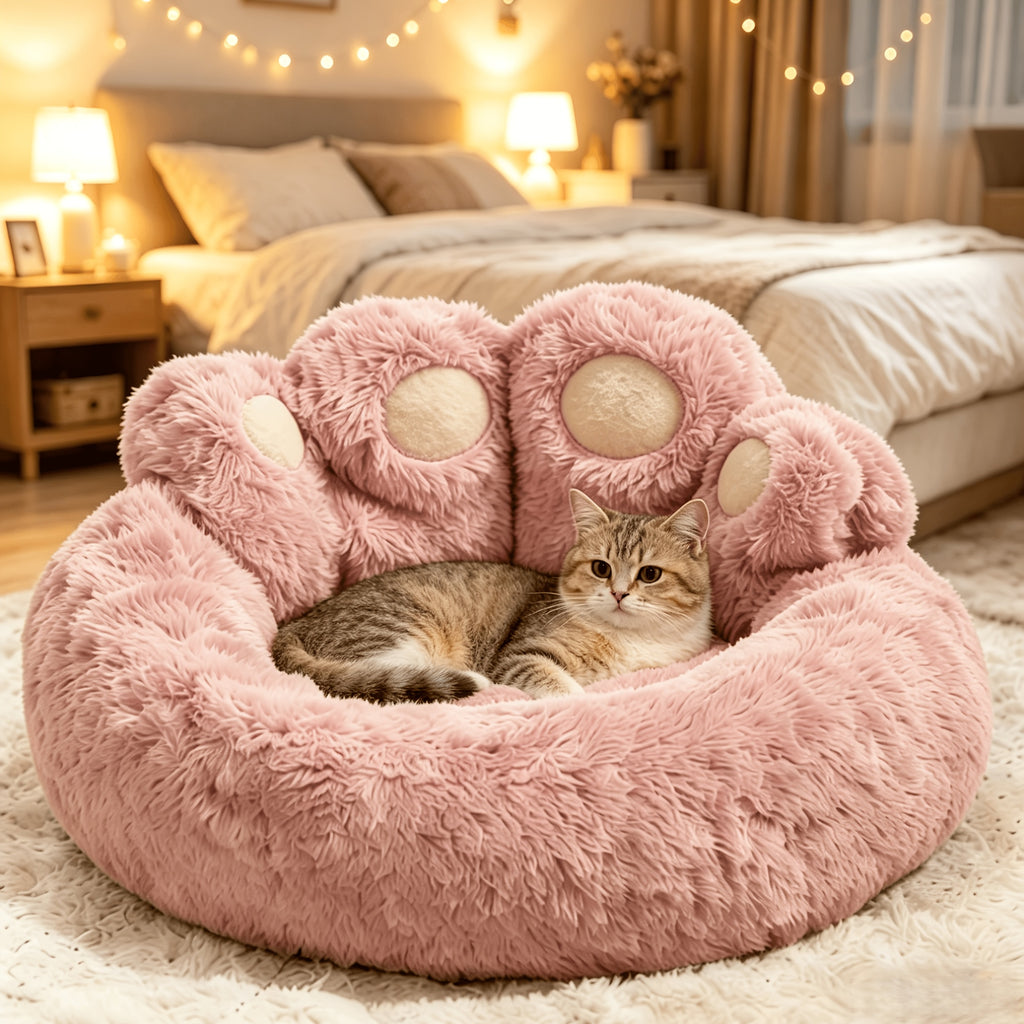 Faux Fur Pet Bed with Washable Bear Paw Design, Soft Plush Dog and Cat Sleeping Cushion with Non-Slip Bottom in Three Sizes and Colors