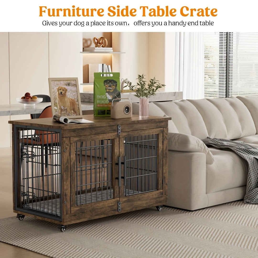 Wooden Dog Crate Furniture with Cushion Mat, 4 Sizes, Metal Bar Kennel End Table with Secure Lock, Reversible Side Door, Wheels or Anti-Slip Feet, Gray or Brown for S to XL Dogs