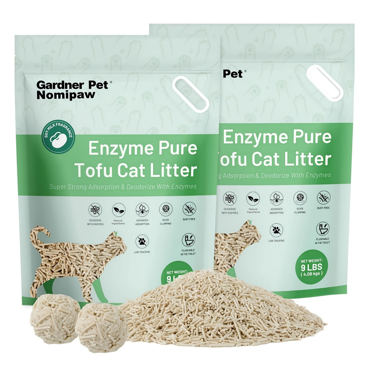 Enzyme Tofu Cat Litter with Light Soy Milk Scent, Plant-Based Clumping Low-Tracking Pellets for Indoor Cats, 9 lb Bag or 18 lb Two-Pack