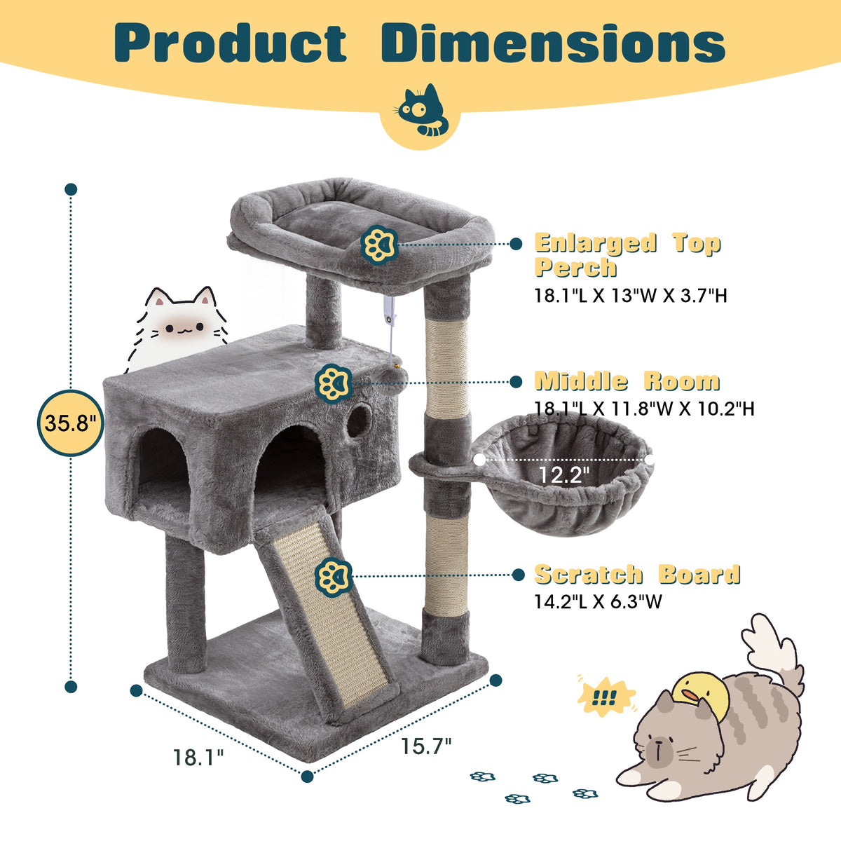 Multi-Size Cat Tree Tower for Indoor Cats, 36 65 68 or 81 Inch Multi-Level Pet Furniture with Sisal Scratching Posts and Plush Resting Areas
