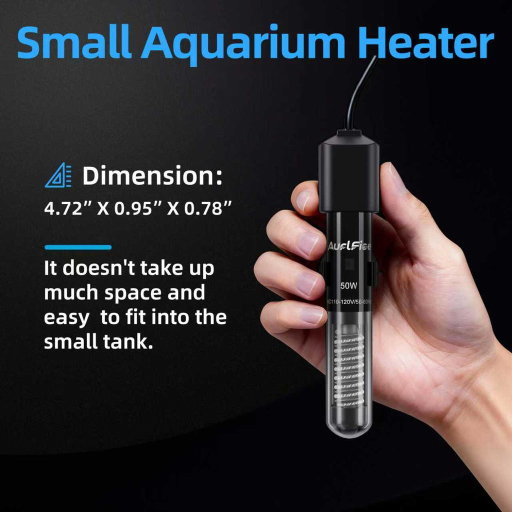 Small Fish Tank Heater 50W, Mini Submersible Aquarium Heater Preset to 78°F for 1-10 Gallon Tanks, 4.5-Inch Design with Thermometer Strip