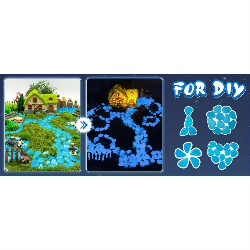 Glow in the Dark Pebbles, 1500 Blue Luminescent Decorative Stones Charged by Sunlight or Lamp Light for Garden Paths and Indoor Displays