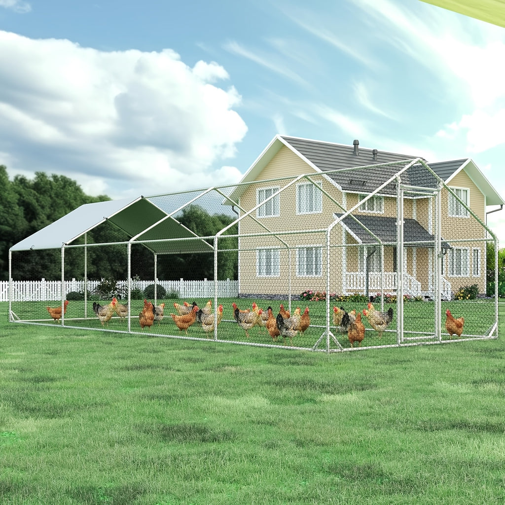 Chicken Run with UV Cover, Metal Walk-In Poultry Enclosure with Door for Backyard Hens, Outdoor Flock Care and Garden Setups, Three Size Options