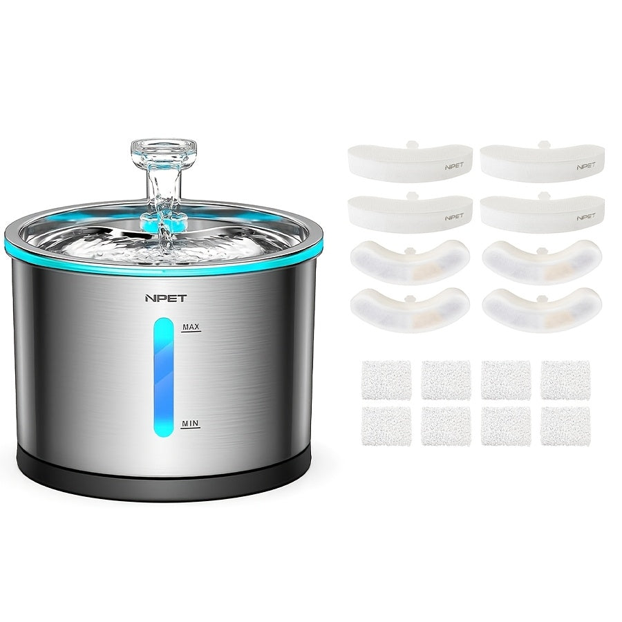 Stainless Steel Cat Water Fountain 50oz 1.5L, NPET WF210 Quiet Pet Drinking Dispenser with LED Water Level Window and Filter Bundle Options