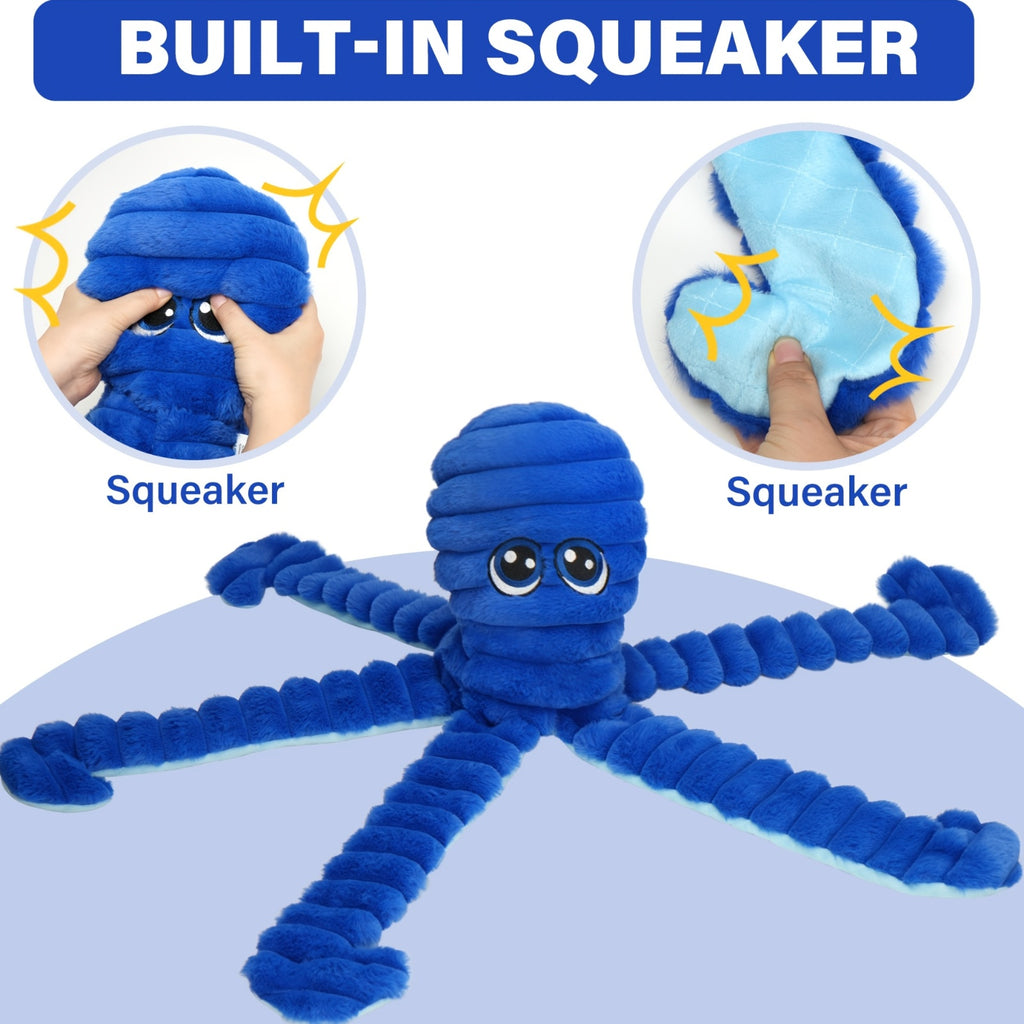 Blue Octopus Dog Toy with Squeaker and Crinkle Sounds, Plush Interactive Tug Toy for Larger Dogs, Supervised Gentle Chewing and Indoor Play