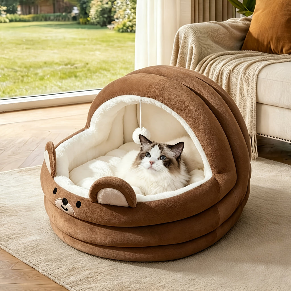 Circular Cat Sleeping Bed with Toy Balls, Soft All-Season Pet Resting Nest for Cats and Small Dogs, Grey Pink or Brown with Three Listed Size Options