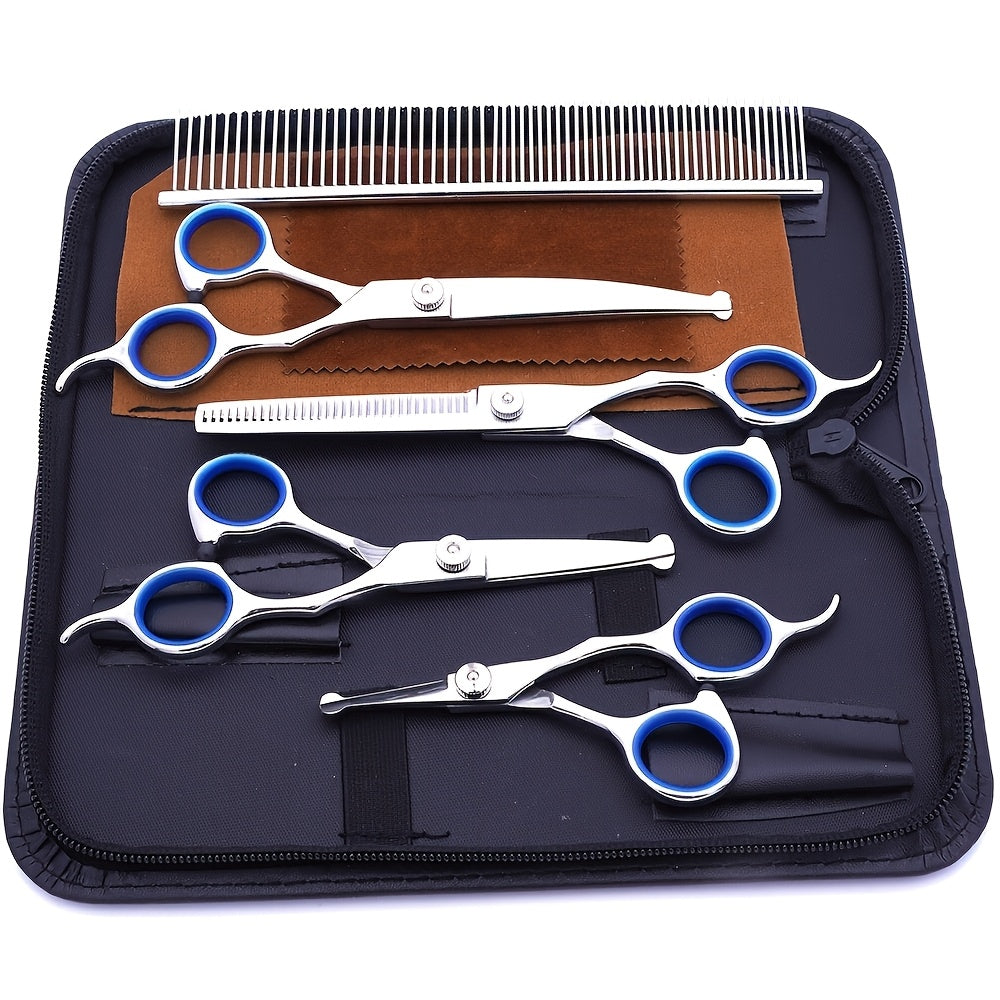 Pet Grooming Scissors 6-Piece Set with Titanium-Coated 4CR Stainless Steel and Rounded Tips, Manual Coat Trimming Tools for Dogs and Cats