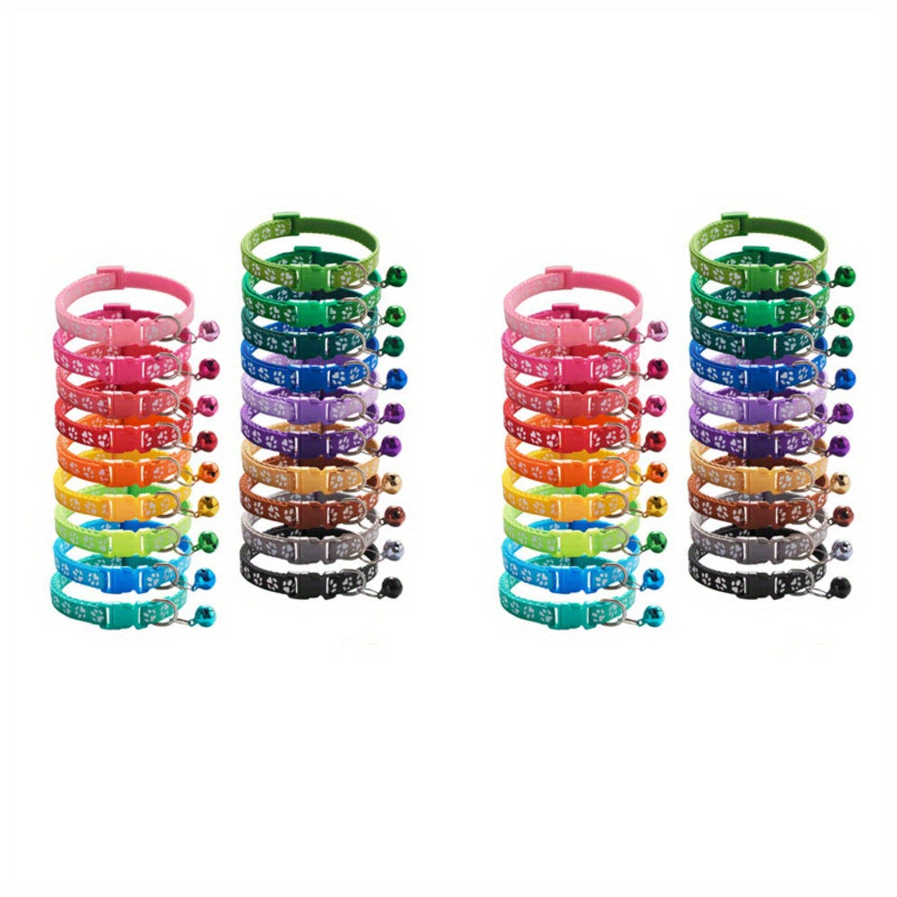 Cat Collars with Bells 38 Pack, Adjustable Reflective Paw Print Pet Collar Set in Assorted Colors for Cats and Small Dogs, Buckle Closure