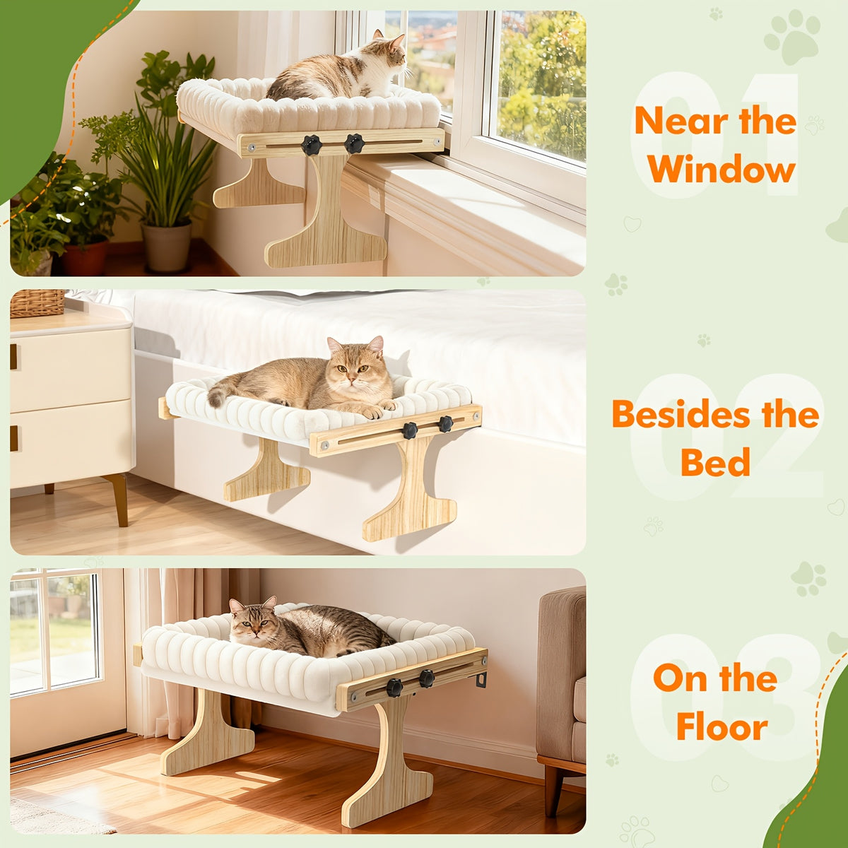 Cat Window Perch with Plush Nest, 3-in-1 Windowsill Hammock and Bedside Cat Bed for Small and Medium Cats, Single or Two-Layer Styles