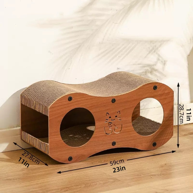 Cat Scratcher Lounge with Double Tunnel Openings, Curved Corrugated Cardboard Scratching Bed with Walnut Color Side Panels for Indoor Rest and Play