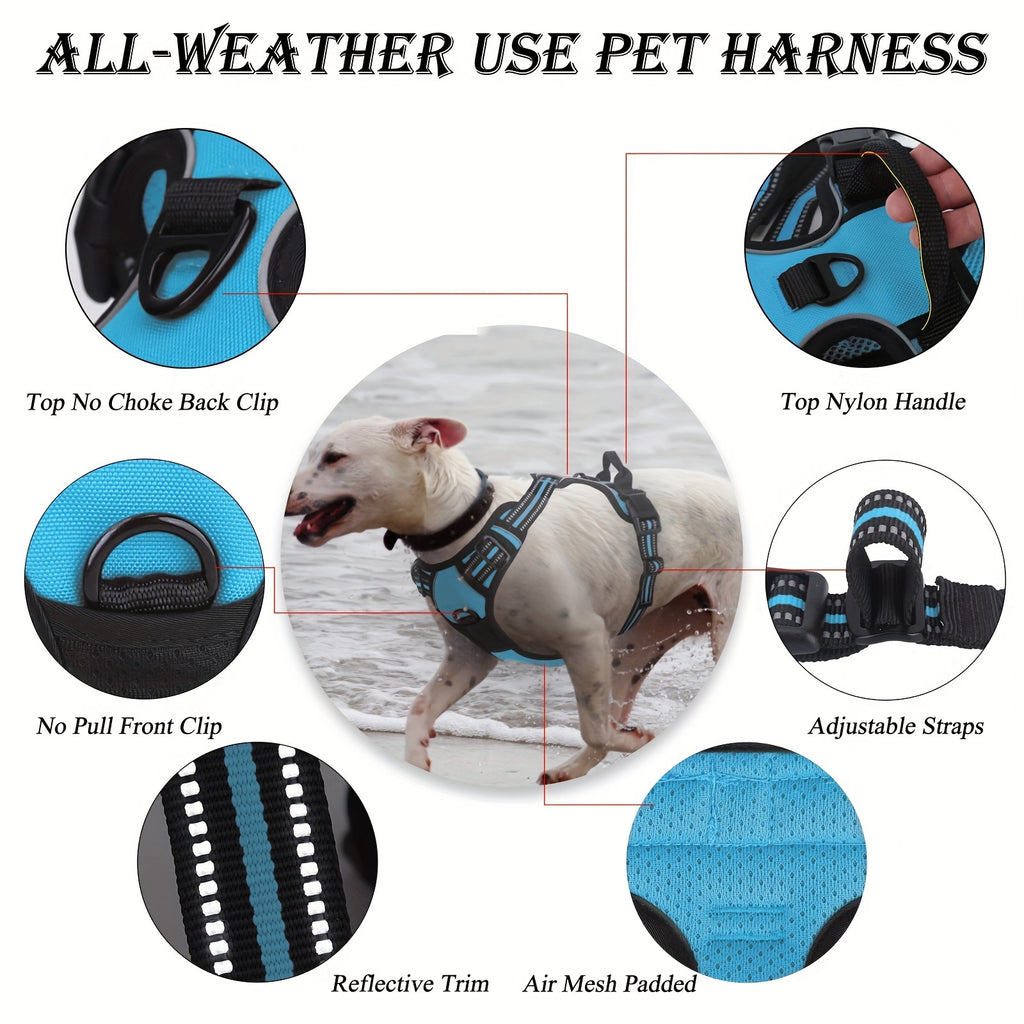 Dog Harness Set 3-in-1 with Reflective Walking Vest, Leash and Poop Bag Holder, Everyday Outdoor Walking Gear in Seven Colors with S to XL Size Options
