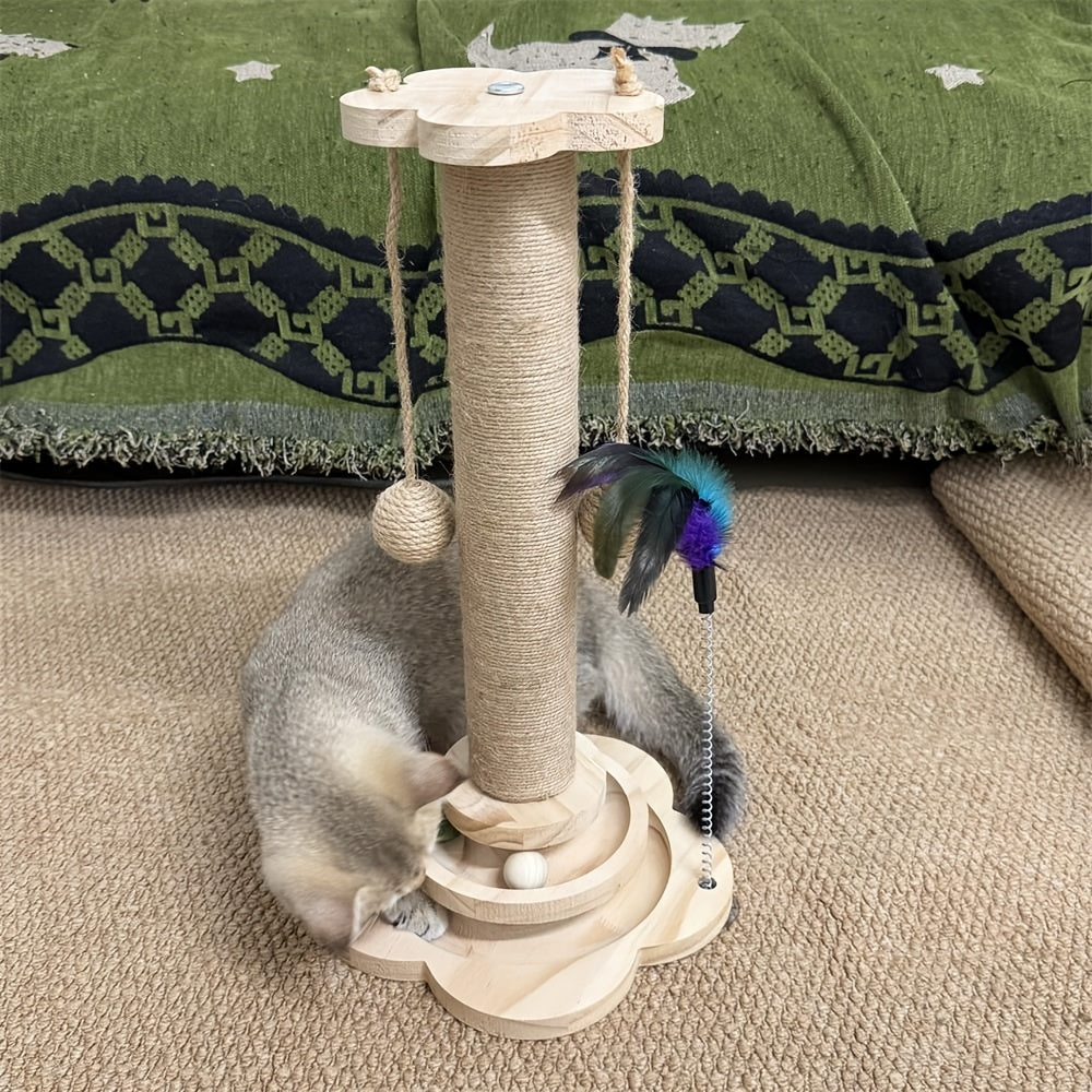 4-in-1 Cat Scratching Post with Wooden Ball Track, Sisal Scratcher with Six Wooden Balls, Feather Teaser and Hanging Toys for Indoor Cats