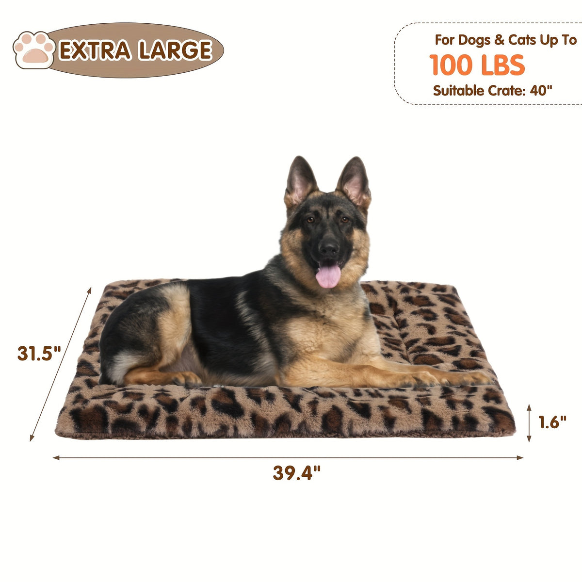 Reversible Dog Crate Mat with Leopard Print, Machine Washable Plush Pet Sleeping Pad for Dogs and Cats, Foldable Fleece Cushion in S to XL