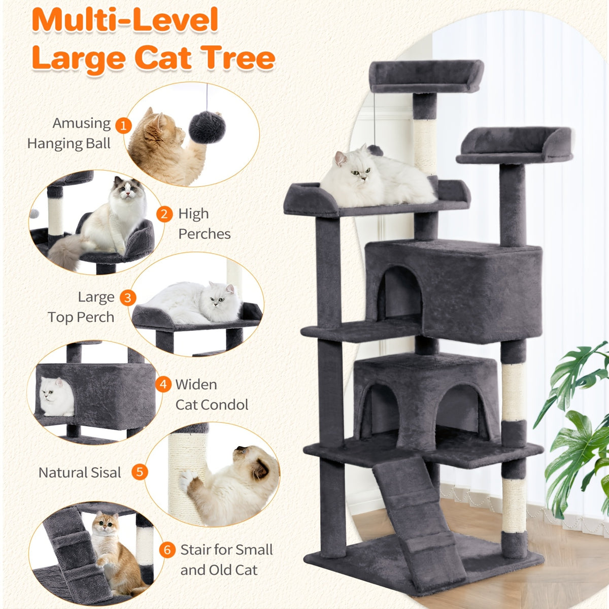 Cat Tree with Two Condo Retreats in Light Grey, Multi-Level Indoor Cat Tower with Scratching Posts and Play Toys for Kittens and Cats to Climb, Rest and Explore
