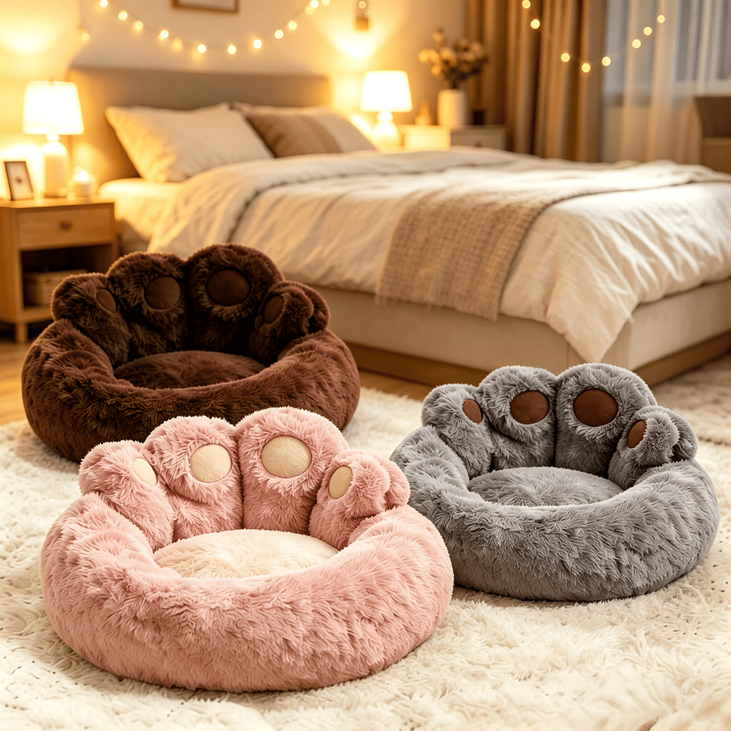 Faux Fur Pet Bed with Washable Bear Paw Design, Soft Plush Dog and Cat Sleeping Cushion with Non-Slip Bottom in Three Sizes and Colors