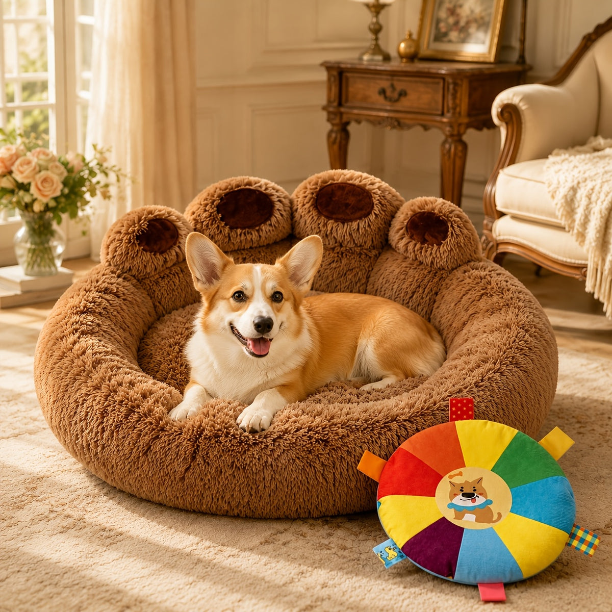 Long Plush Pet Bed with Bear Paw Shape, PP Cotton Filled Dog and Cat Sleeping Cushion with Anti-Slip Bottom, Single Bed and 2PCS Options
