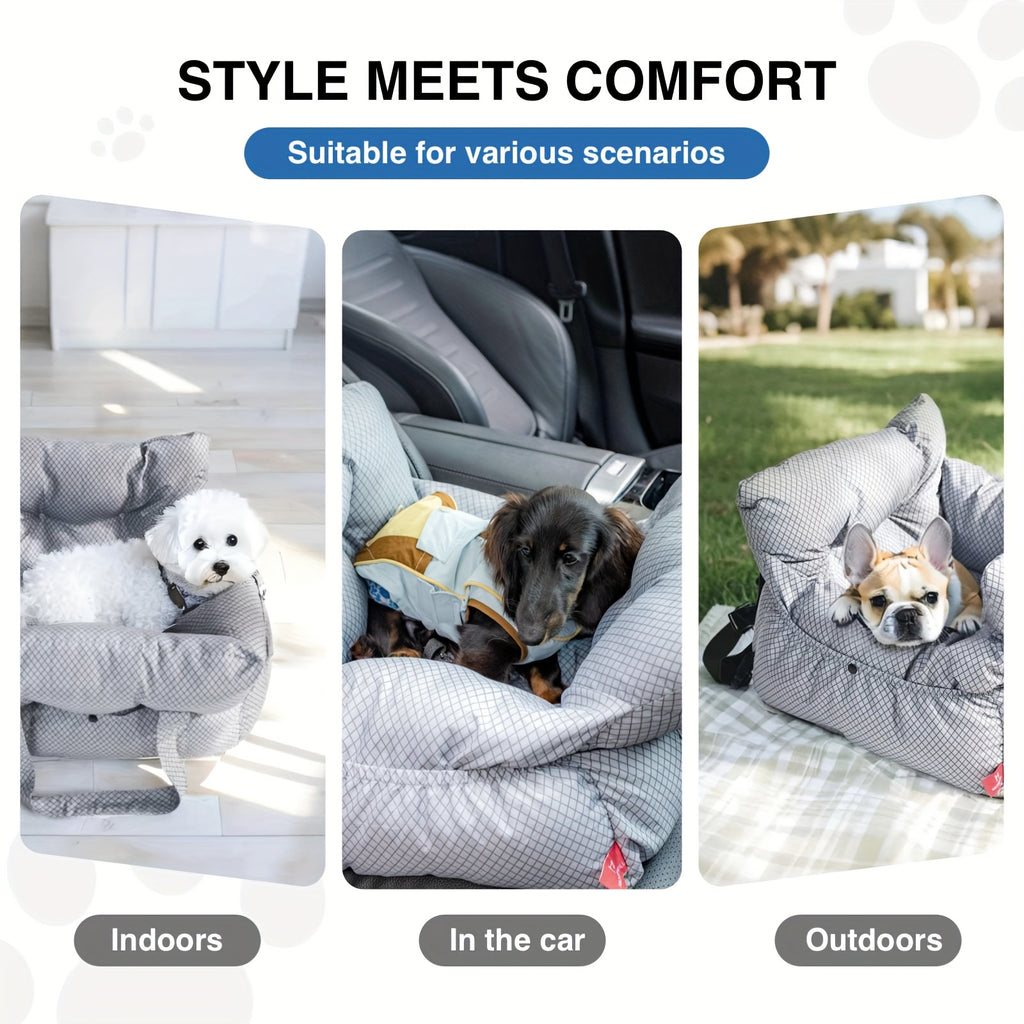 Portable Dog Car Seat with Carry Straps, Cushioned Pet Travel Bed for Dogs and Cats with Attachment Hook and Buckle, Seven Color and Style Options