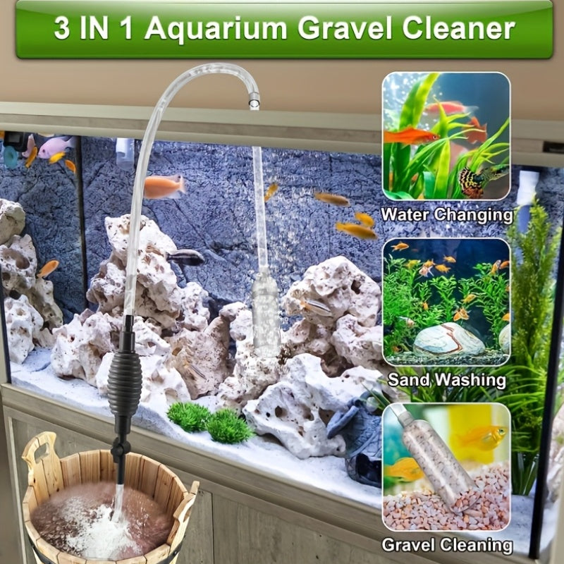 Manual Aquarium Gravel Cleaner, 66.93-Inch Gray Reinforced Siphon for Fish Tank Water Changes and Debris Removal, Freshwater and Saltwater Use