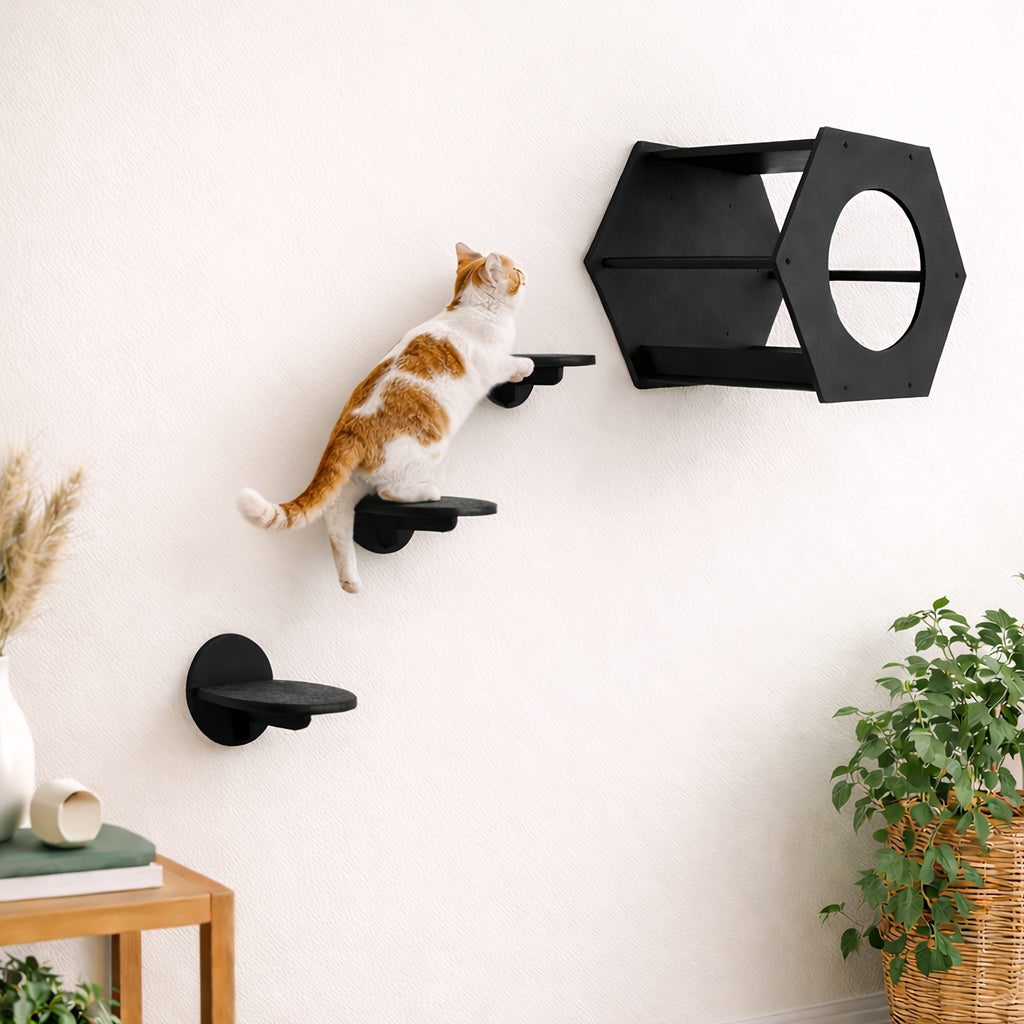 Cat Wall Shelves with Hexagon House, 4-Piece Wooden Climbing Furniture Set with 3 Steps and Scratching Post for Small and Medium Indoor Cats up to 20 lbs