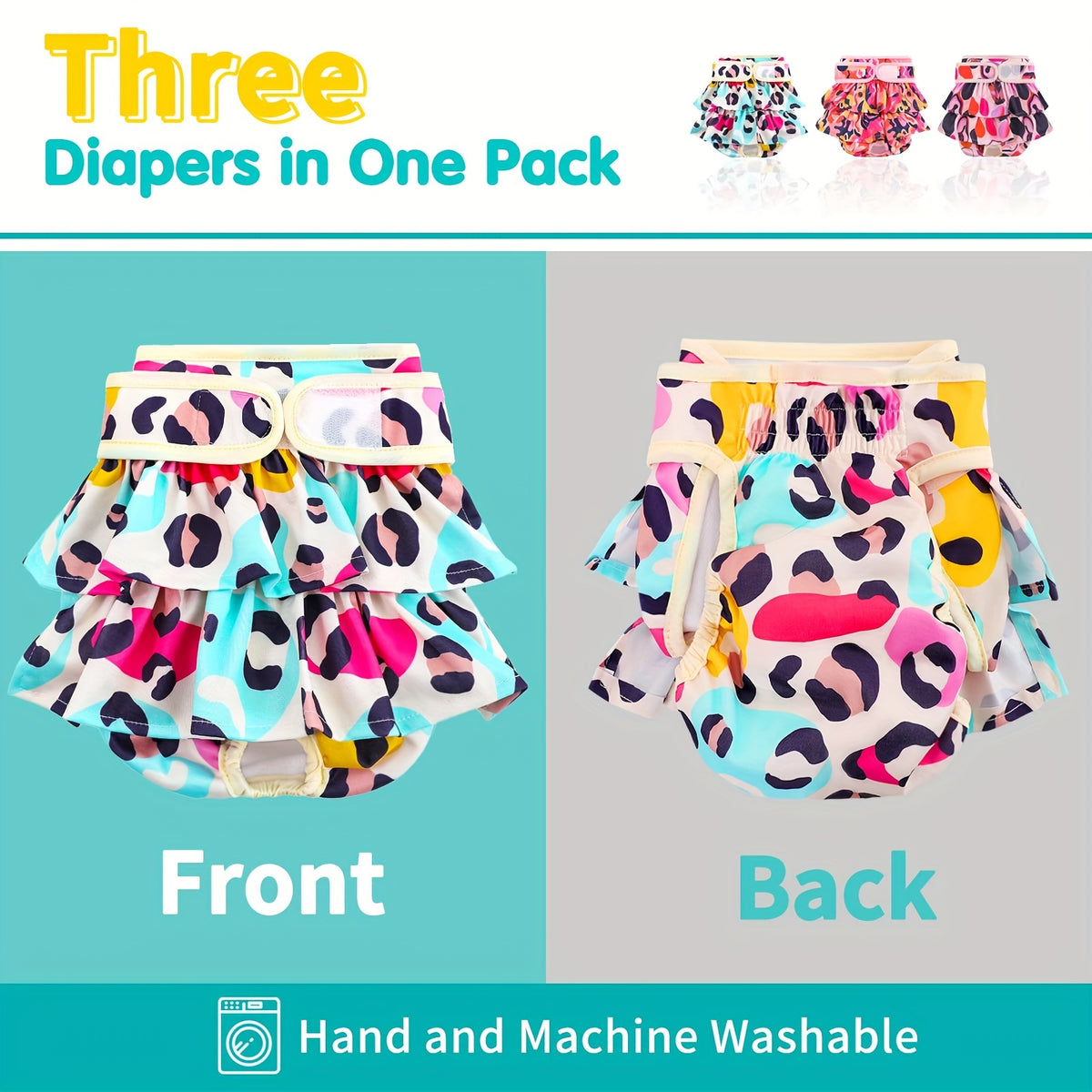 Washable Dog Diapers for Female Dogs, 3-Pack Reusable Sanitary Panties for Heat Cycles, Indoor Accident Management and Puppy Training, XS to L