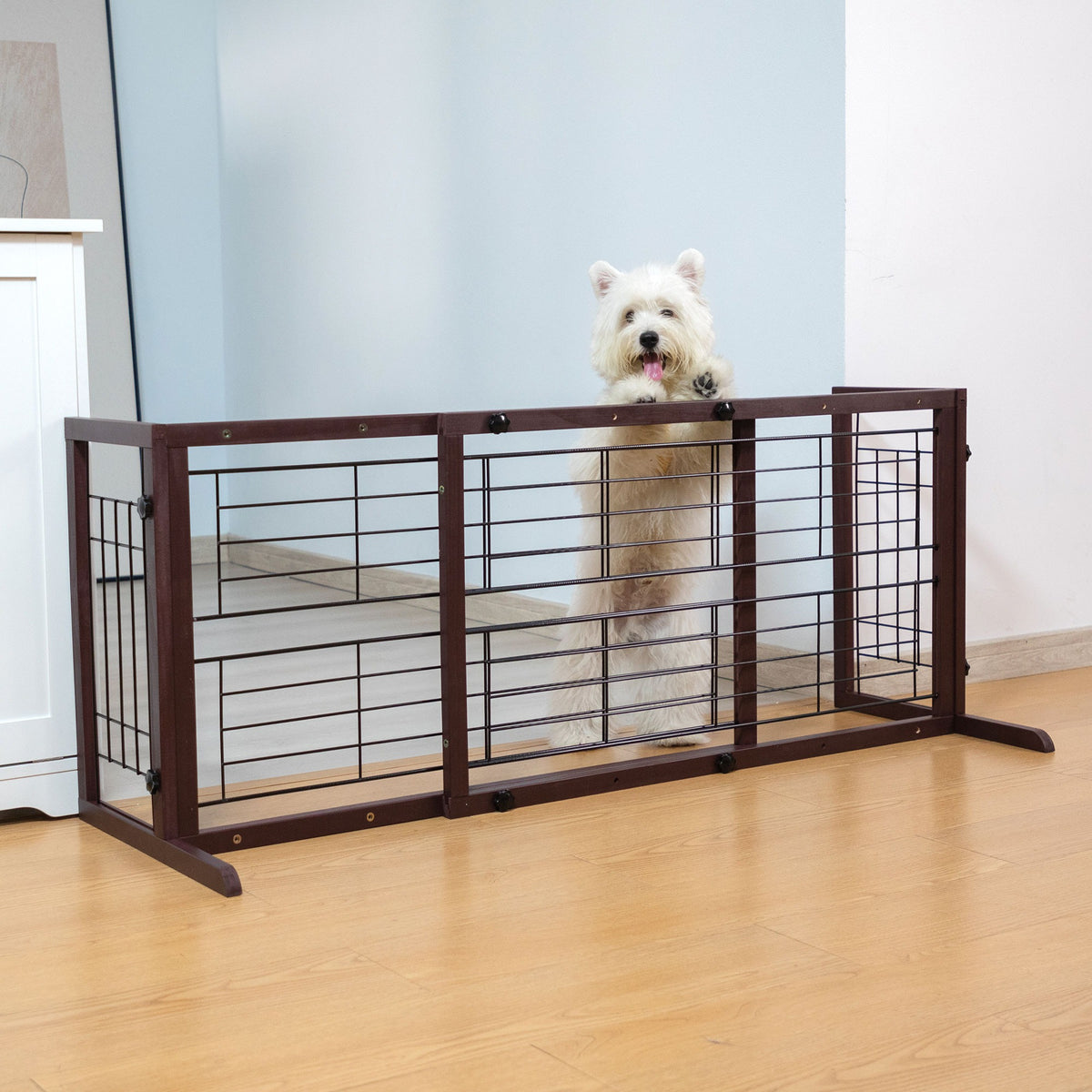 Wood Dog Gate with Sliding Width Adjustment, 38–71 Inch Freestanding Pinewood Pet Barrier with Wide Support Base for Indoor Doorways and Hallways