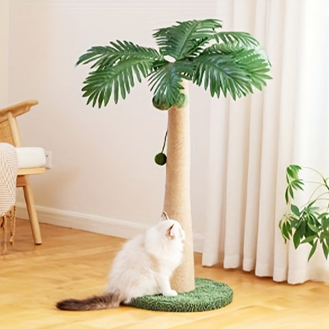 Coconut Tree Cat Scratching Post 43 Inch, Tall Sisal Scratcher with Three Hanging Pom-Pom Toys and Soft Fabric Round Base for Indoor Cats